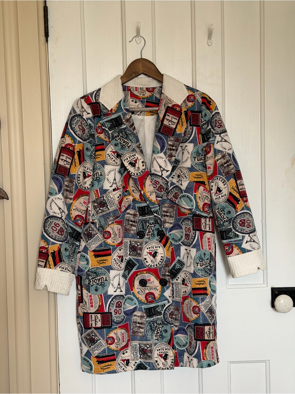 Vintage Stamp Print Coat in Multicolor